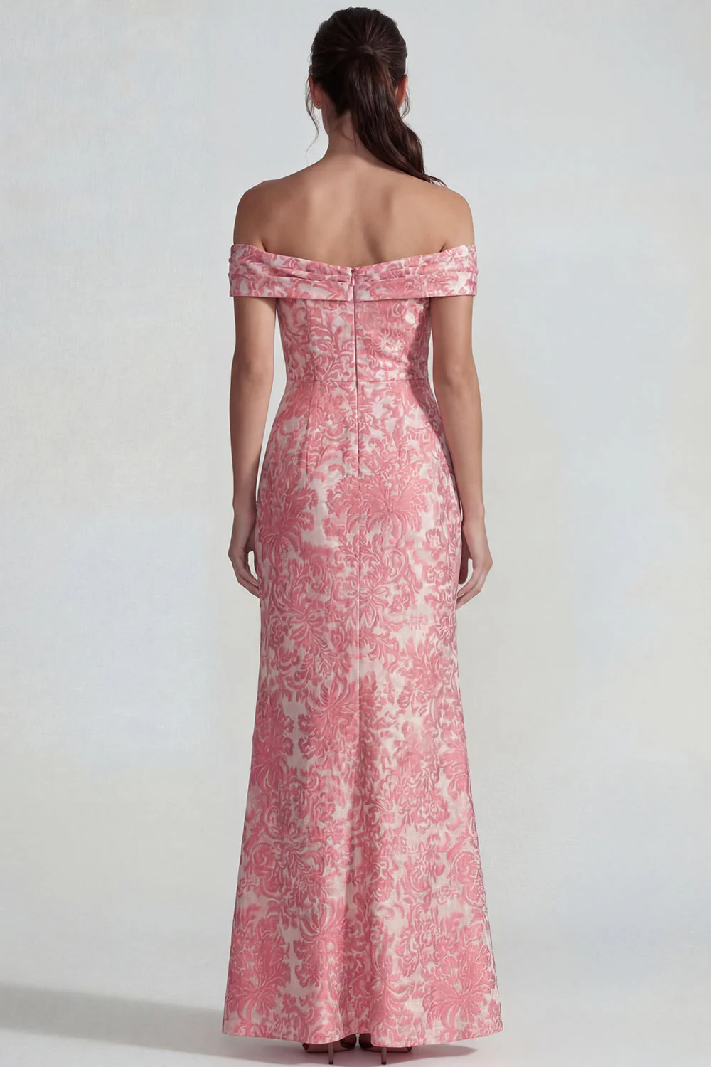 Blush Jacquard Sheath Off the Shoulder Ruched Long Prom Dress with Slit - Image 2
