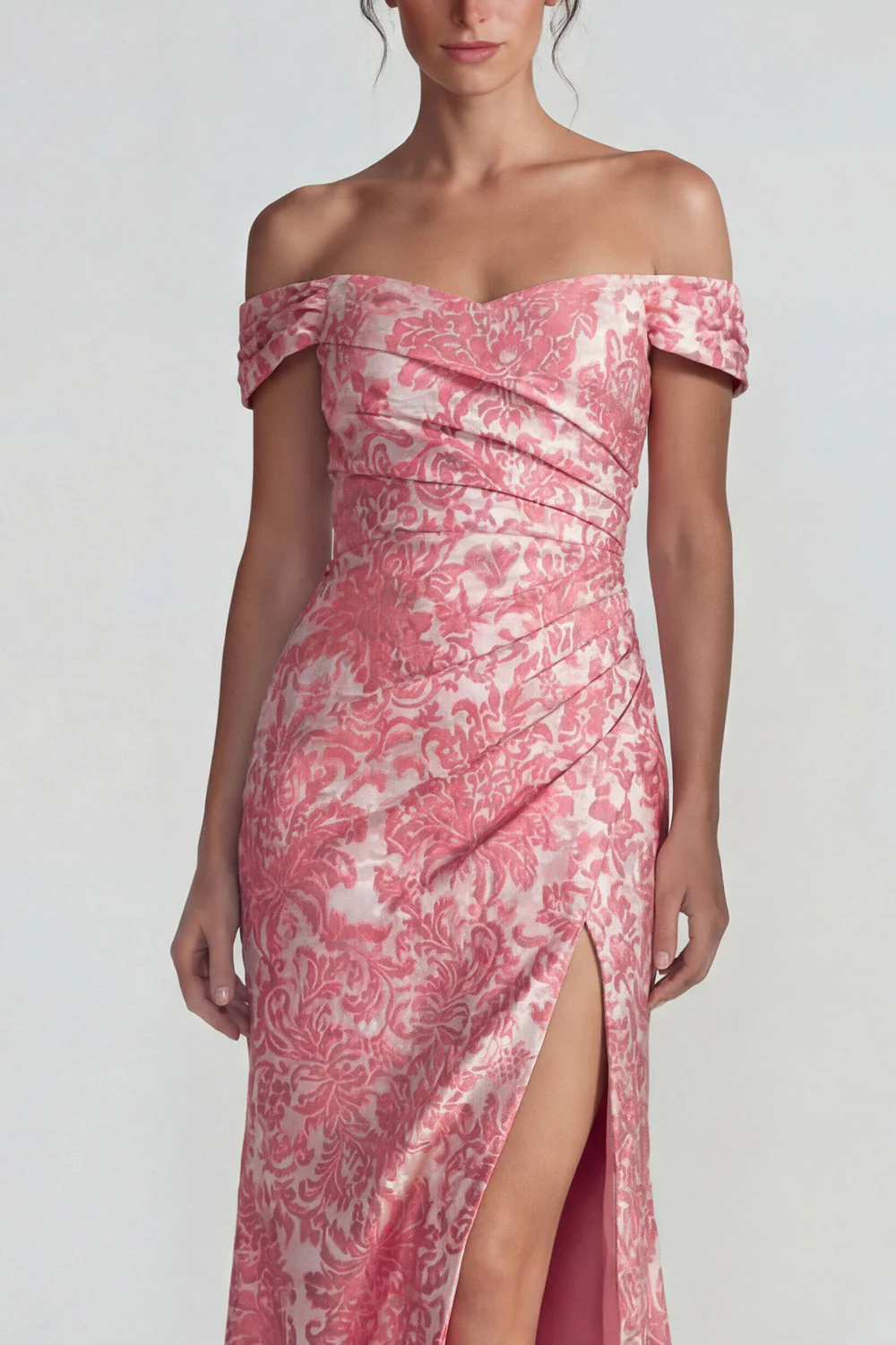 Blush Jacquard Sheath Off the Shoulder Ruched Long Prom Dress with Slit - Image 3