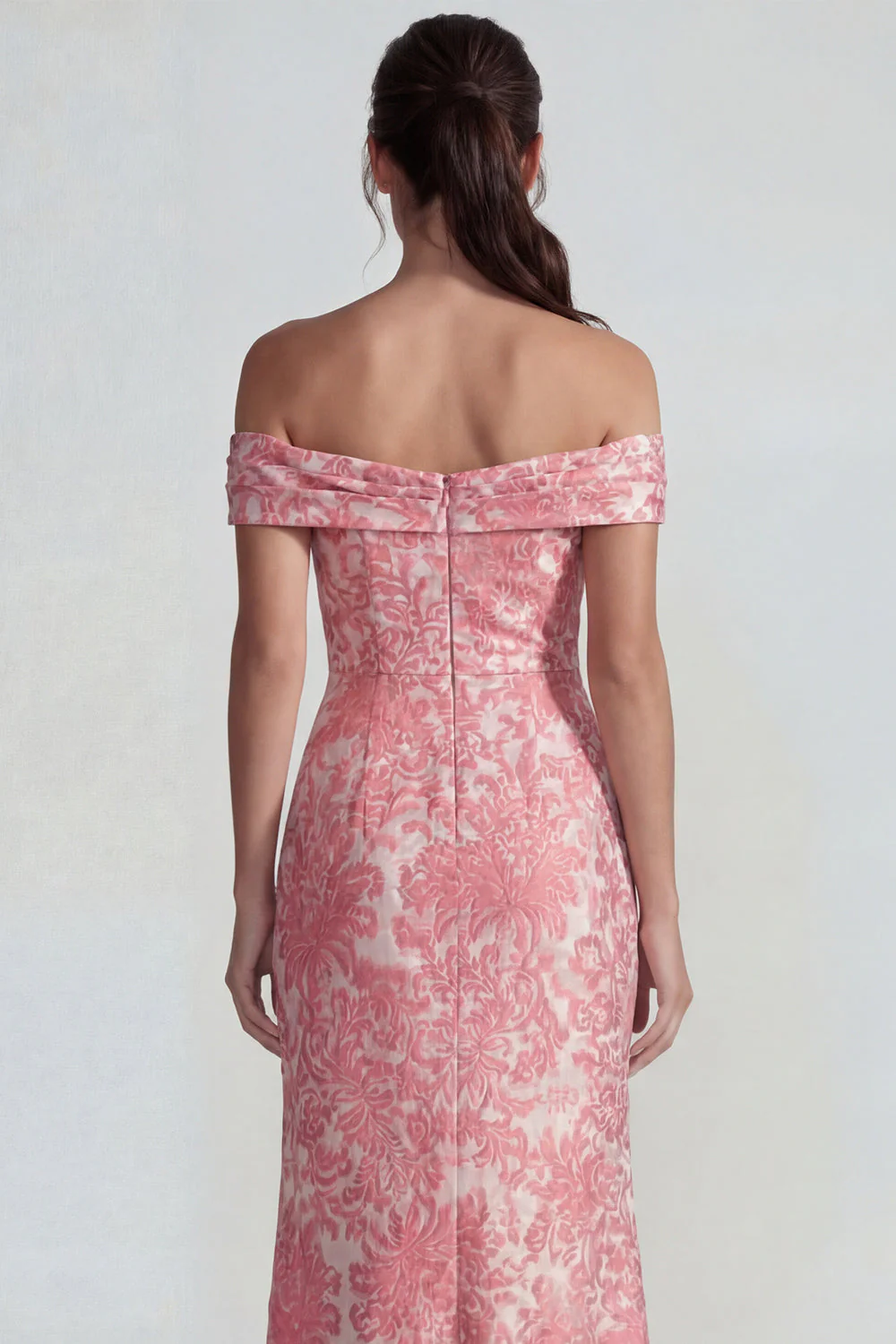 Blush Jacquard Sheath Off the Shoulder Ruched Long Prom Dress with Slit - Image 4