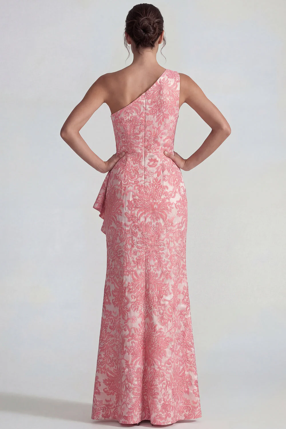 One Shoulder Blush Jacquard Rufffled Sheath Long Prom Dress with Slit - Image 2