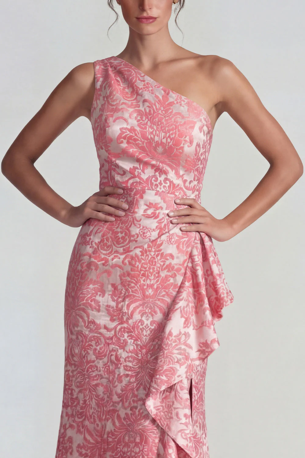 One Shoulder Blush Jacquard Rufffled Sheath Long Prom Dress with Slit - Image 3