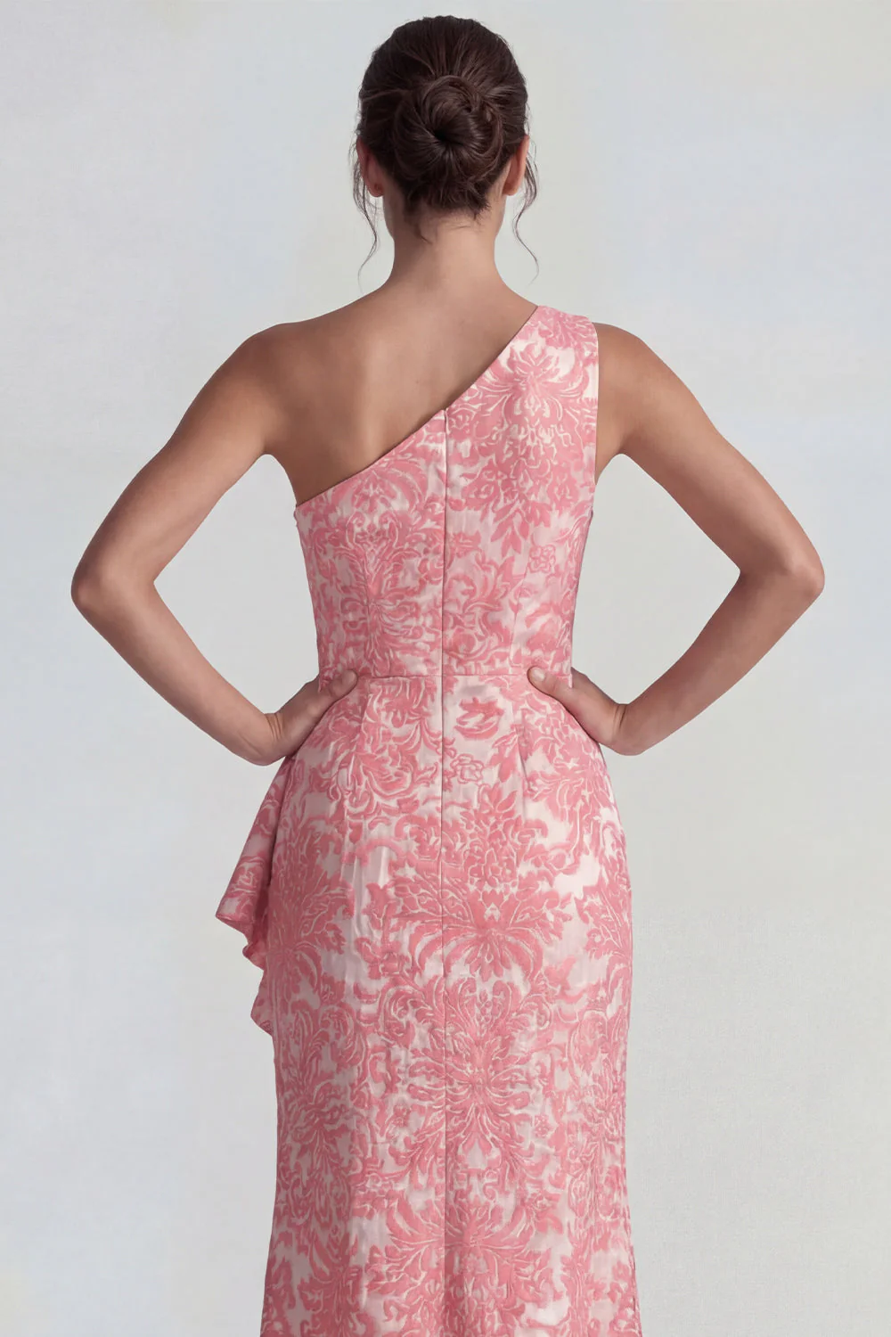One Shoulder Blush Jacquard Rufffled Sheath Long Prom Dress with Slit - Image 4