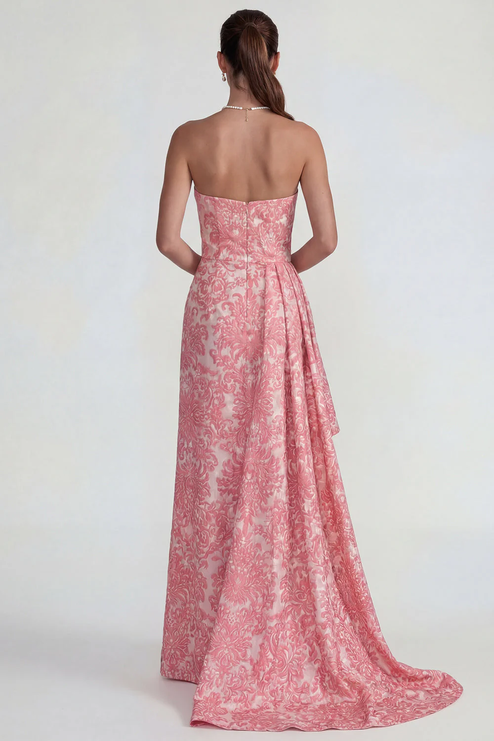 Strapless Jacquard Blush Sheath Ruffled Long Prom Dress with Slit - Image 2