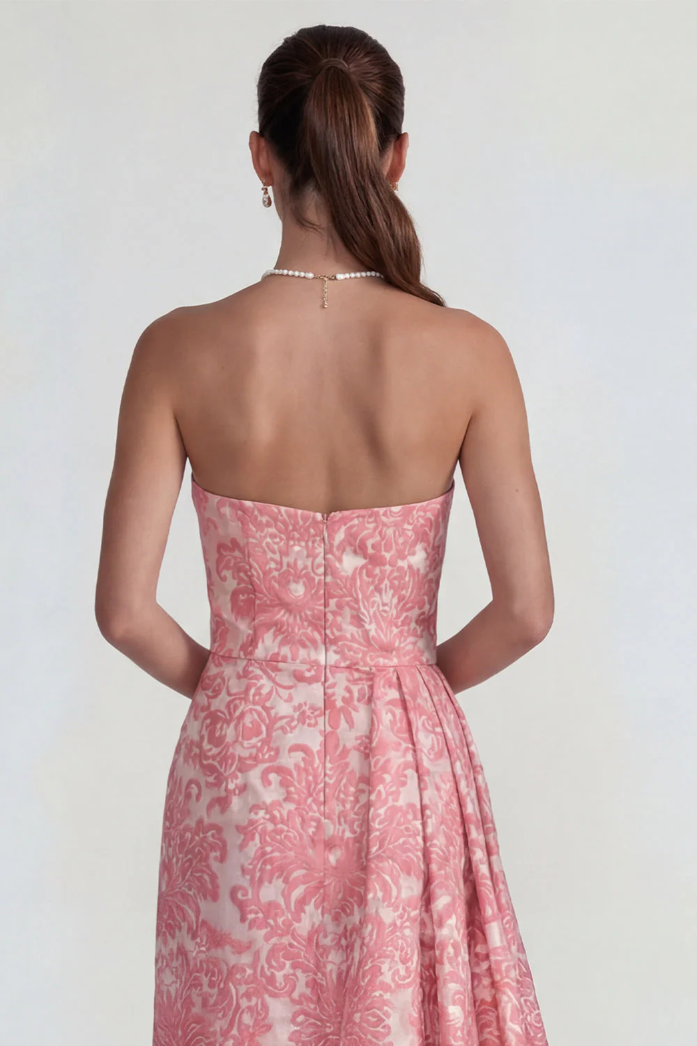 Strapless Jacquard Blush Sheath Ruffled Long Prom Dress with Slit - Image 4