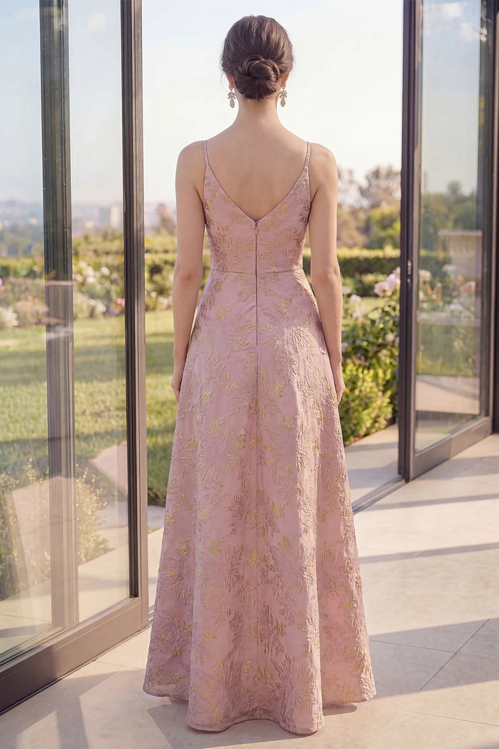 Blush A Line Jacquard Ruched V Neck Maxi Floral Dress with Slit - Image 2