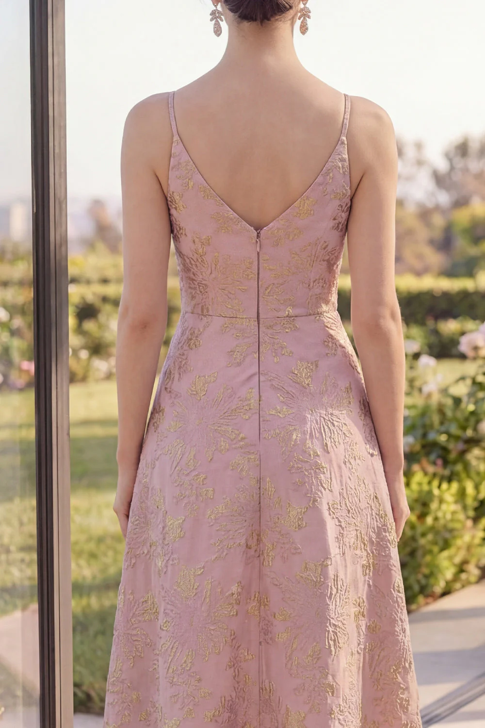 Blush A Line Jacquard Ruched V Neck Maxi Floral Dress with Slit - Image 4