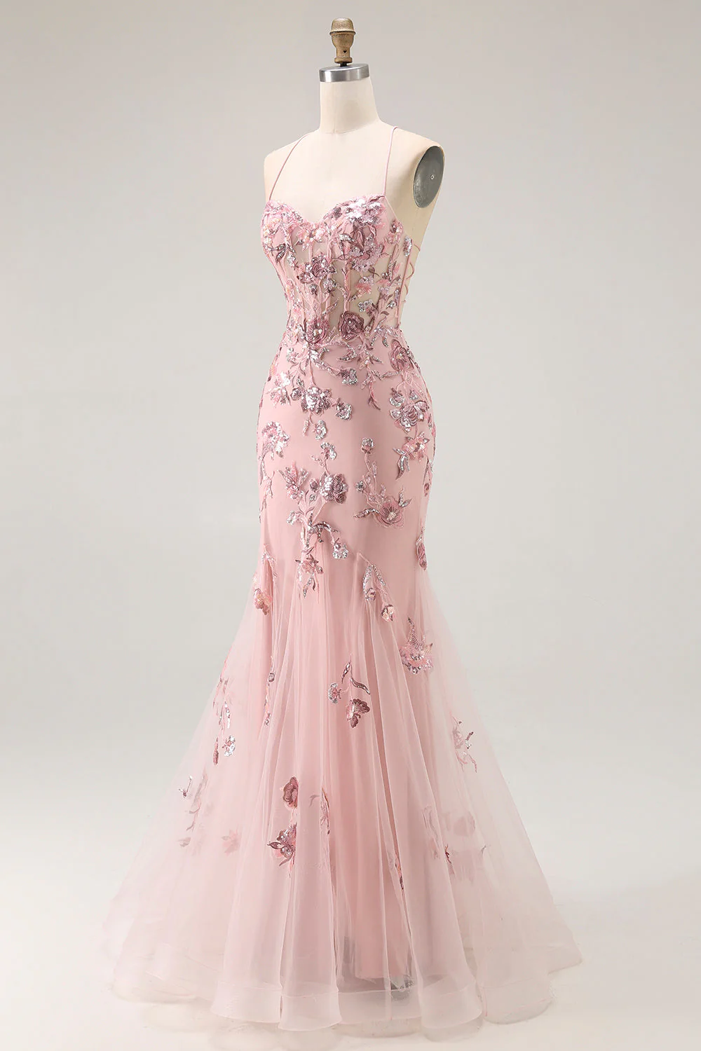 Blush Mermaid Corset Appliqued Long Prom Dress with Beading - Image 3