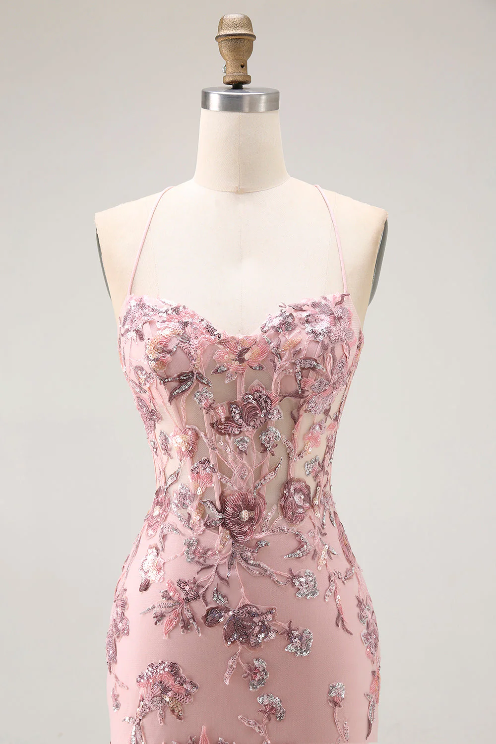 Blush Mermaid Corset Appliqued Long Prom Dress with Beading - Image 4