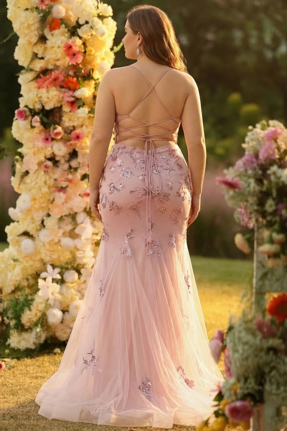 Blush Mermaid Corset Beaded Long Plus Size Prom Dress with Sequins - Image 2