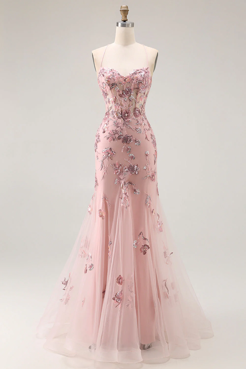 Blush Mermaid Corset Beaded Long Plus Size Prom Dress with Sequins - Image 4