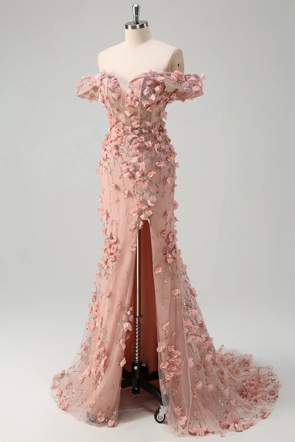 Blush Mermaid Off the Shoulder Slit Long Prom Dress With 3D Flowers - Image 3