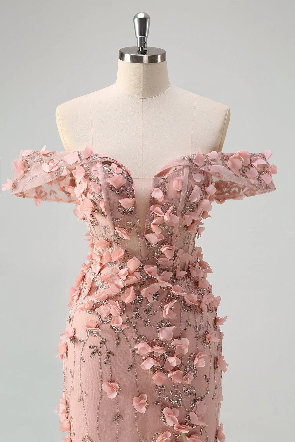 Blush Mermaid Off the Shoulder Slit Long Prom Dress With 3D Flowers - Image 4