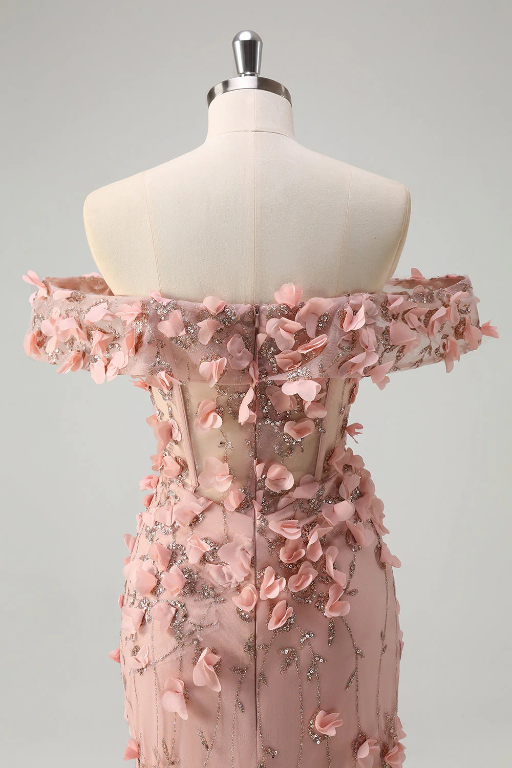 Blush Mermaid Off the Shoulder Slit Long Prom Dress With 3D Flowers - Image 5