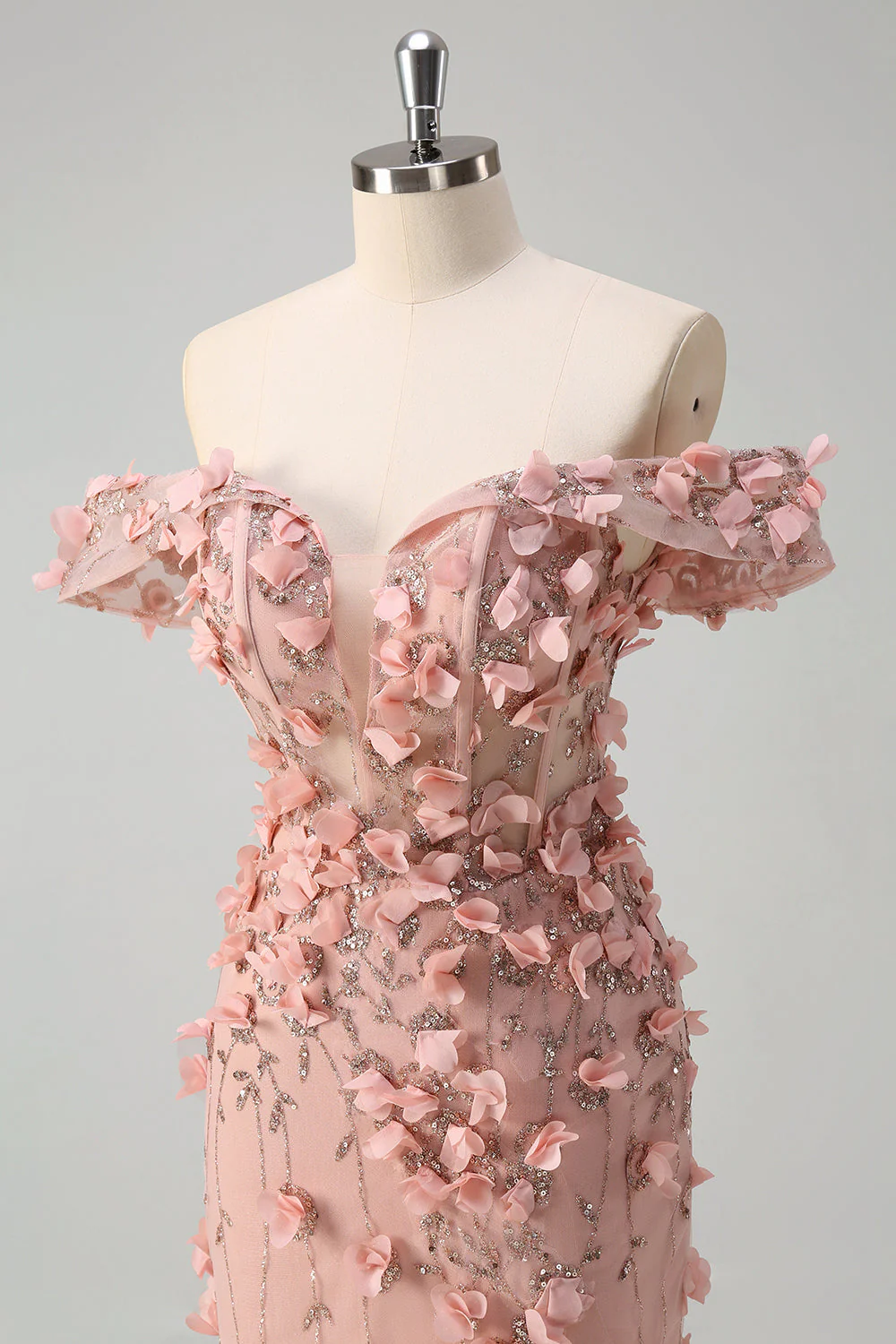 Blush Mermaid Off the Shoulder Slit Long Prom Dress With 3D Flowers - Image 6
