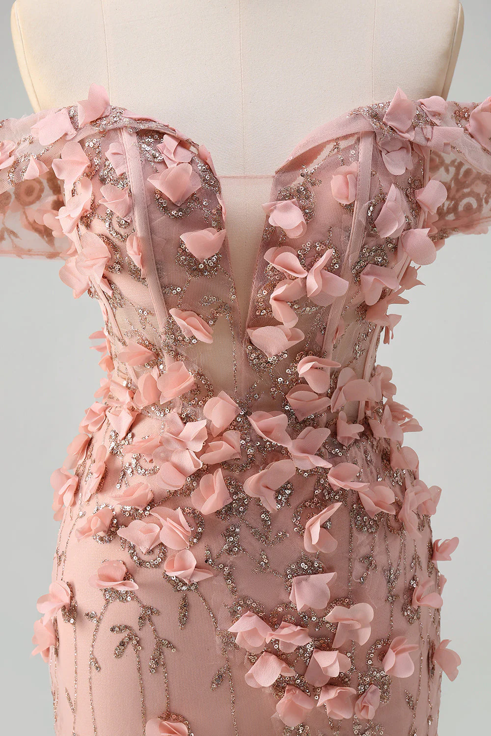 Blush Mermaid Off the Shoulder Slit Long Prom Dress With 3D Flowers - Image 7
