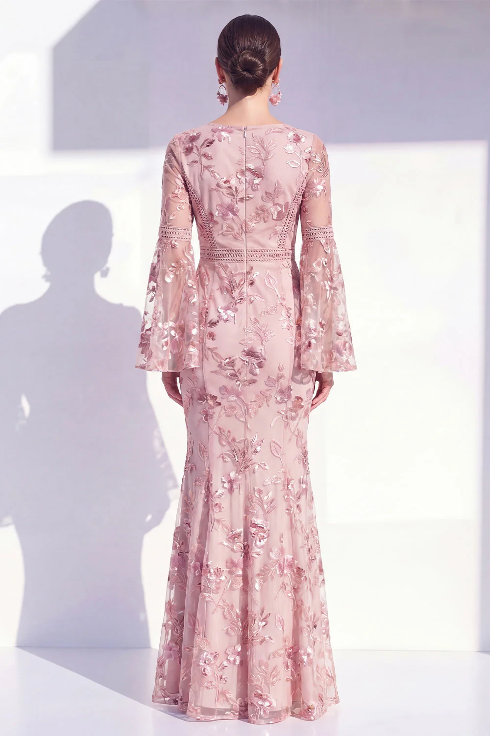 Blush Mermaid Round Neck Floral Elegant Mother Of the Bride Dress with Long Sleeves - Image 2