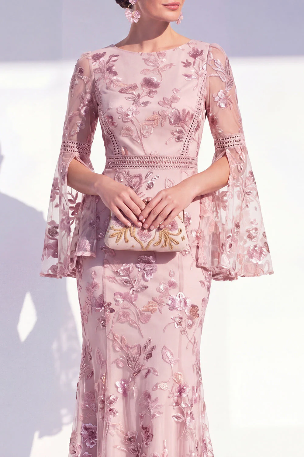 Blush Mermaid Round Neck Floral Elegant Mother Of the Bride Dress with Long Sleeves - Image 3
