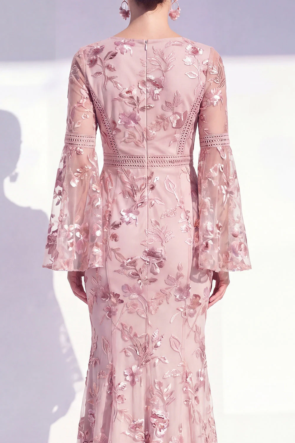 Blush Mermaid Round Neck Floral Elegant Mother Of the Bride Dress with Long Sleeves - Image 4