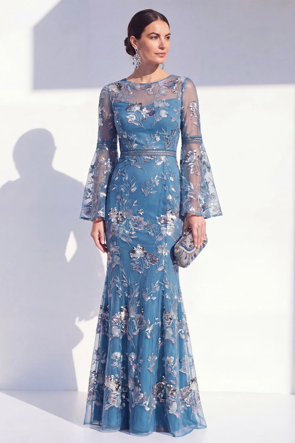 Blush Mermaid Round Neck Floral Elegant Mother Of the Bride Dress with Long Sleeves - Image 5