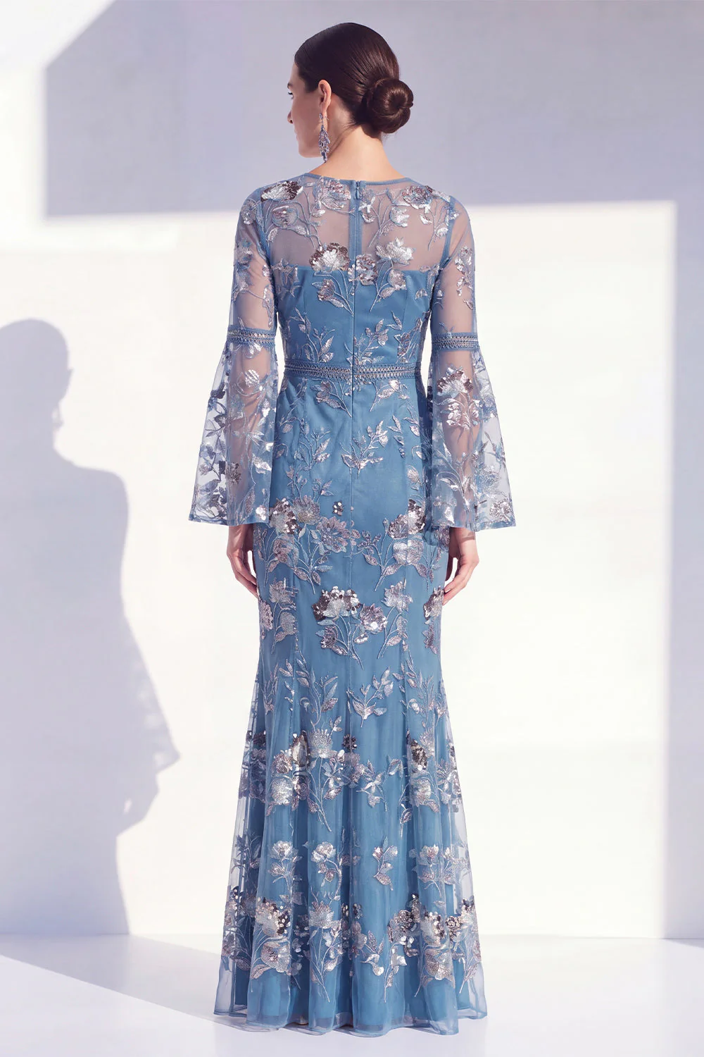 Blush Mermaid Round Neck Floral Elegant Mother Of the Bride Dress with Long Sleeves - Image 6