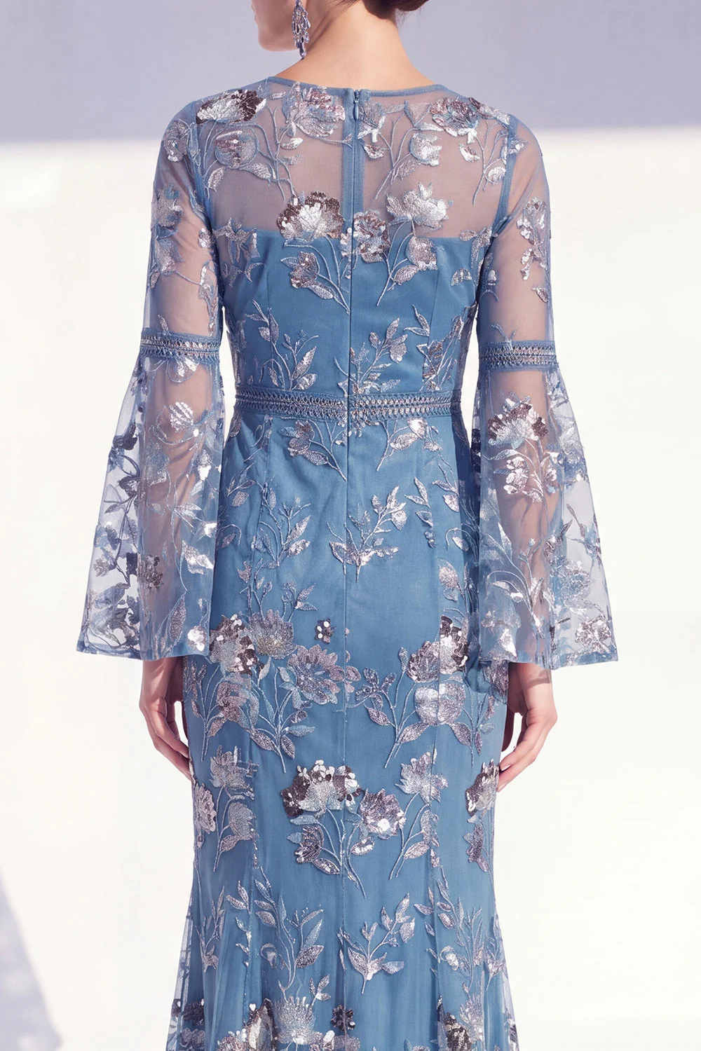 Blush Mermaid Round Neck Floral Elegant Mother Of the Bride Dress with Long Sleeves - Image 8