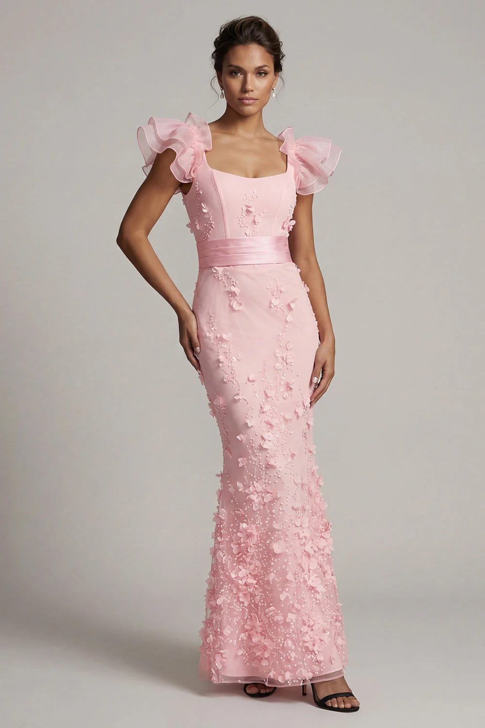 Blush Mermaid Ruffle Sleeves Long Mother of the Bride Dress with 3D Flowers - Image 3