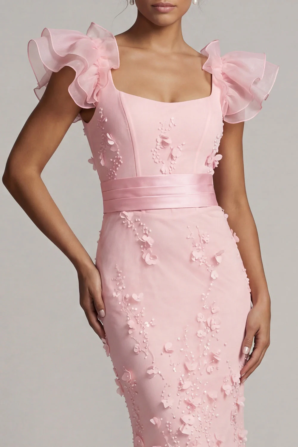 Blush Mermaid Ruffle Sleeves Long Mother of the Bride Dress with 3D Flowers - Image 4