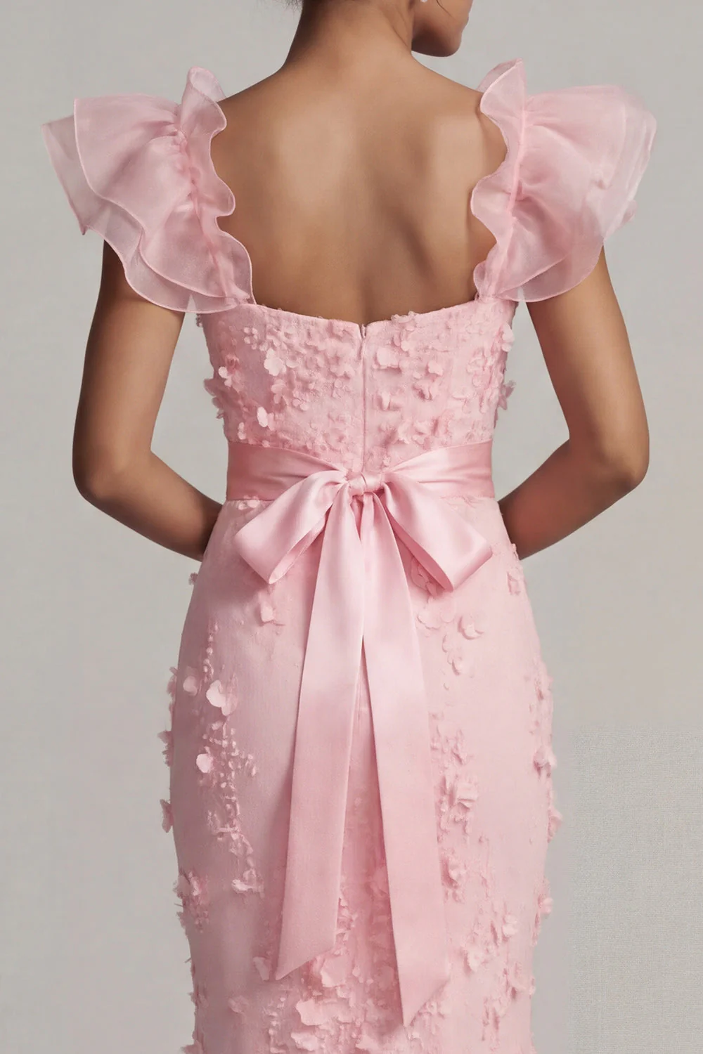 Blush Mermaid Ruffle Sleeves Long Mother of the Bride Dress with 3D Flowers - Image 5