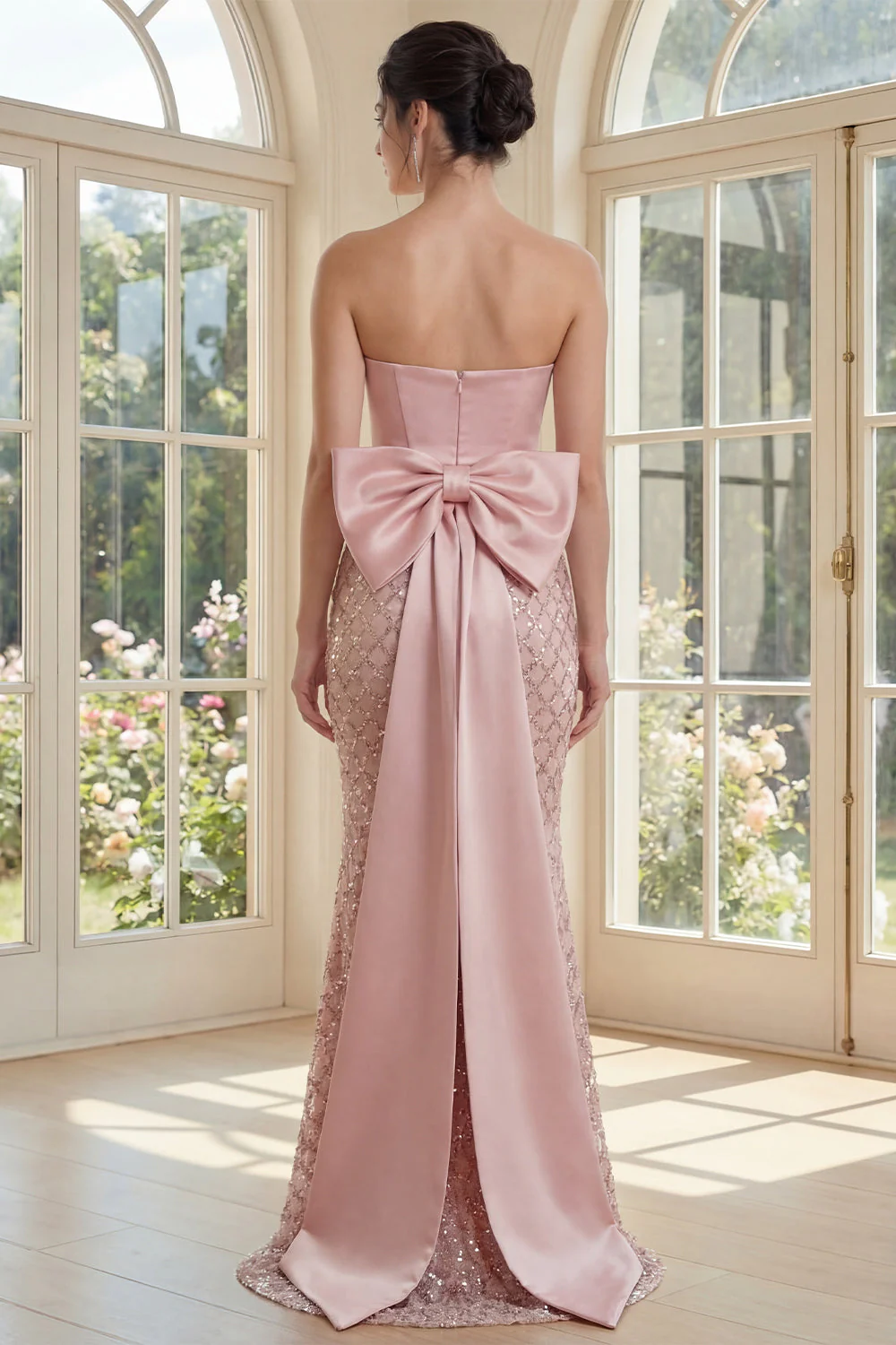 Blush Mermaid Strapless Corset Sequin Evening Dress with Bow - Image 2
