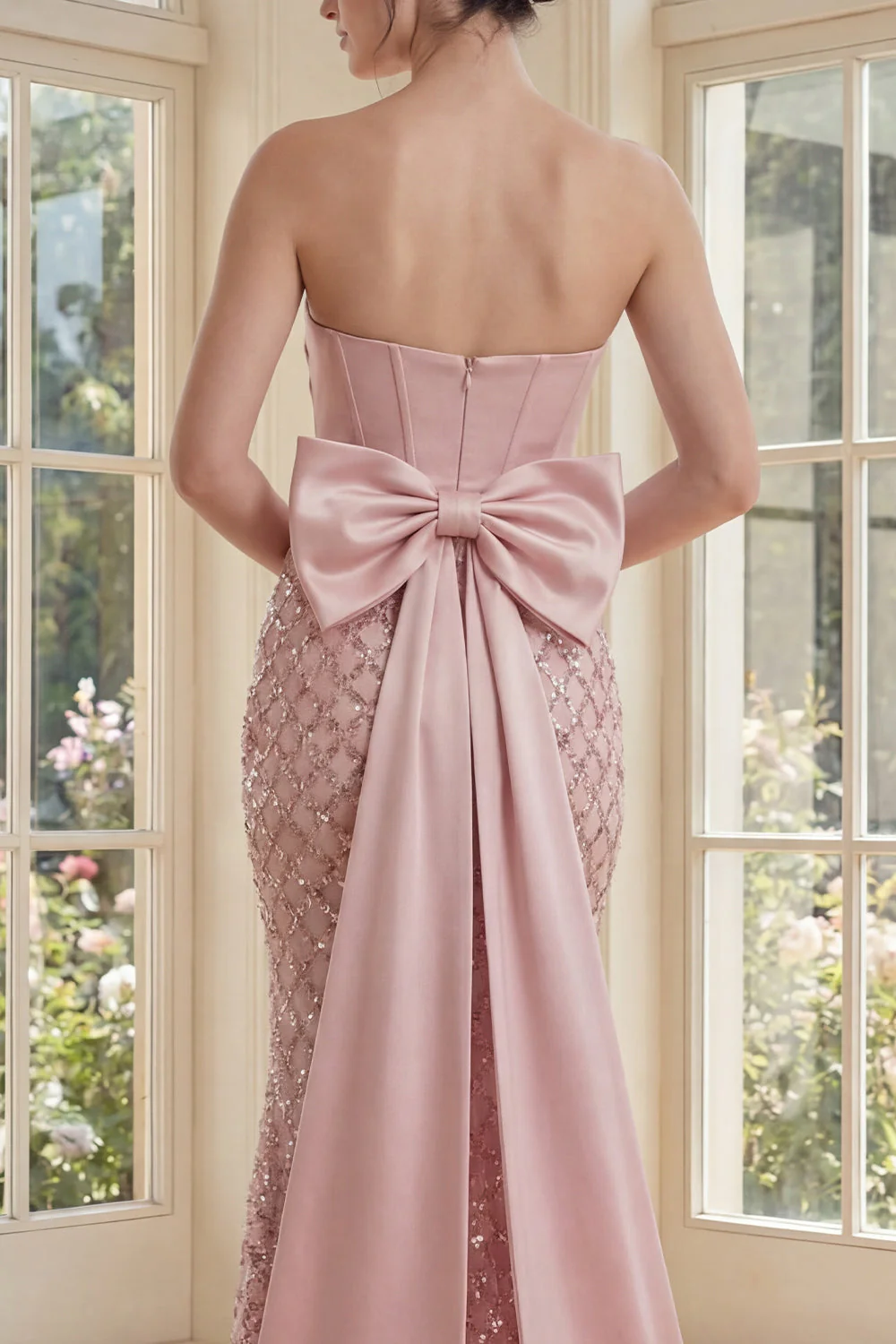 Blush Mermaid Strapless Corset Sequin Evening Dress with Bow - Image 4