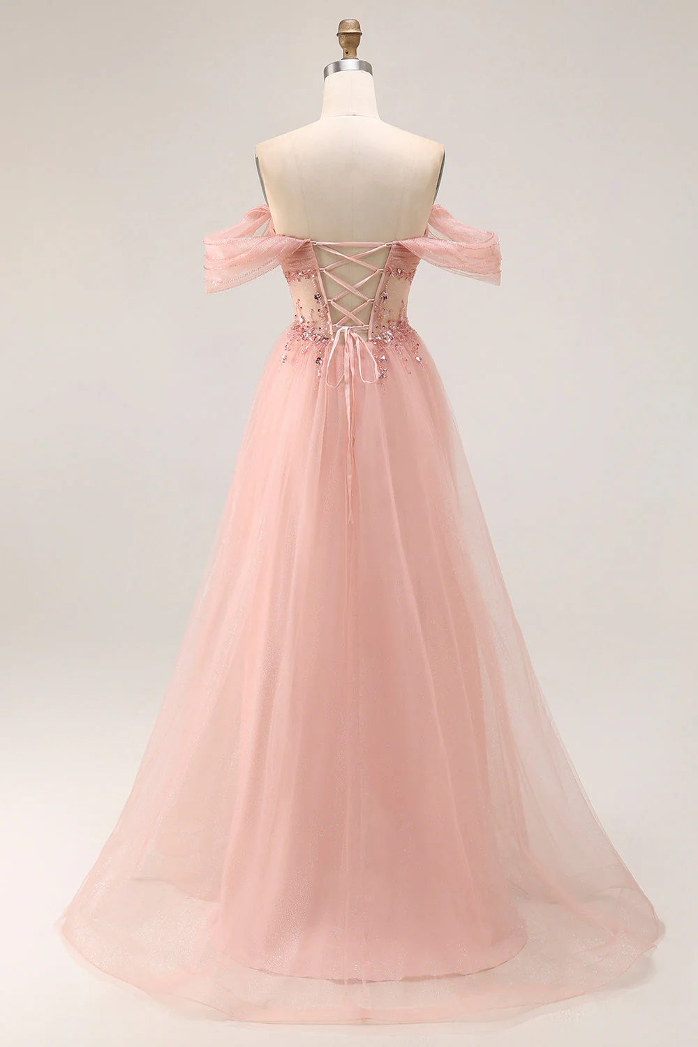 Blush Off The Shoulder Beaded A Line Tulle Long Prom Dress - Image 2