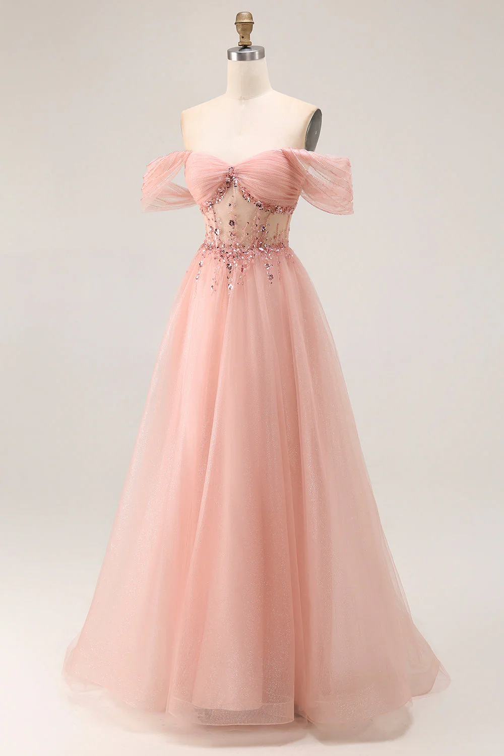 Blush Off The Shoulder Beaded A Line Tulle Long Prom Dress - Image 3