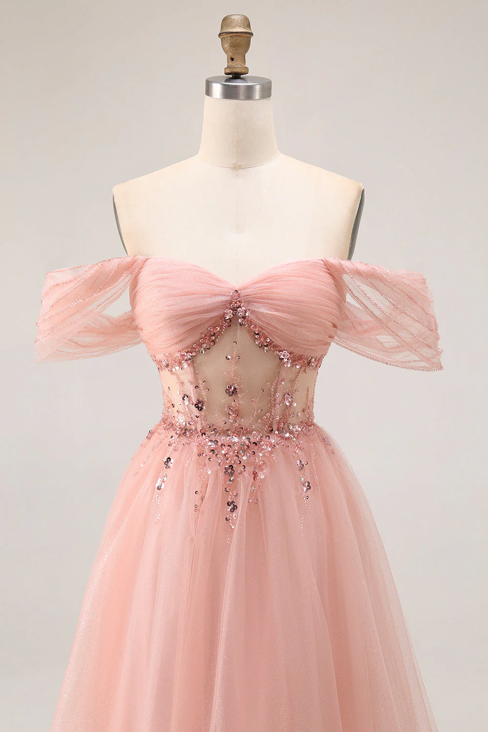 Blush Off The Shoulder Beaded A Line Tulle Long Prom Dress - Image 4