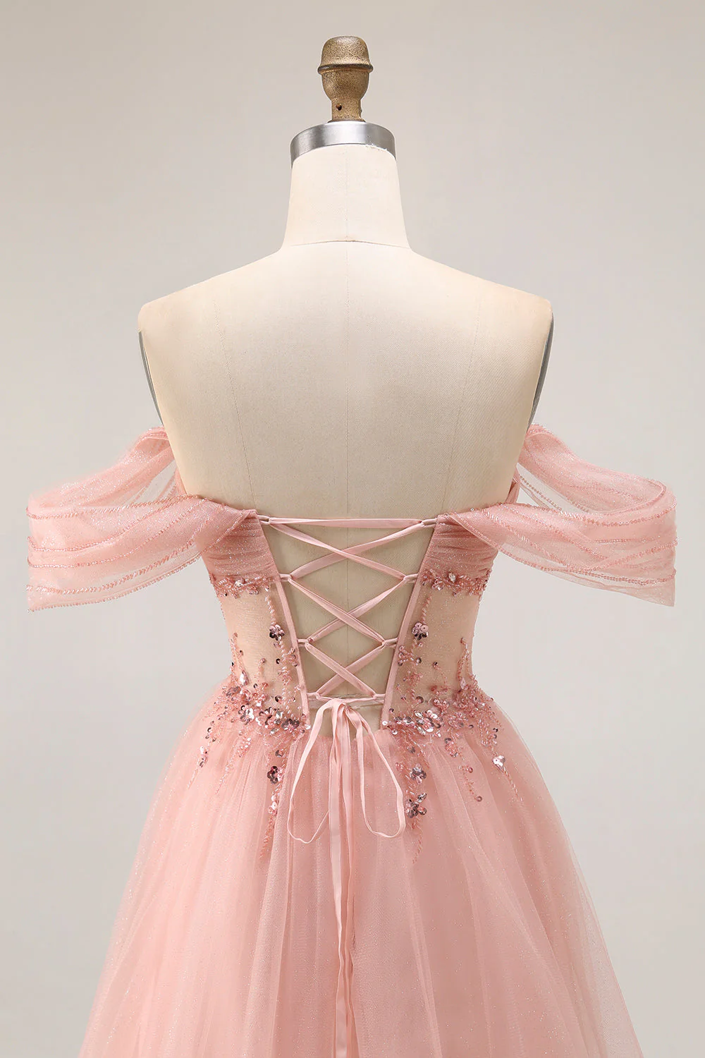 Blush Off The Shoulder Beaded A Line Tulle Long Prom Dress - Image 5