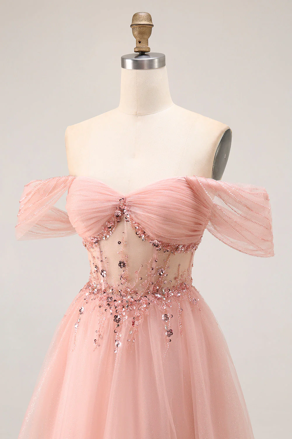Blush Off The Shoulder Beaded A Line Tulle Long Prom Dress - Image 6