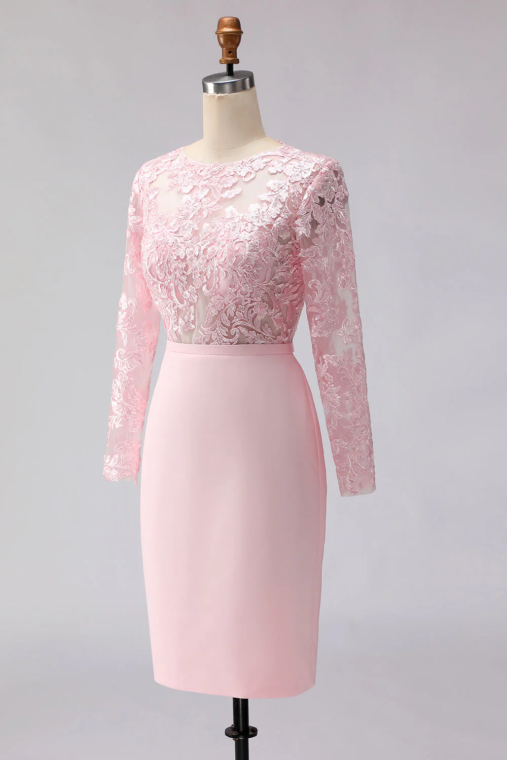 Sheath Blush Pink Appliqued Midi Mother of the Bride Dress with Long Sleeves - Image 3