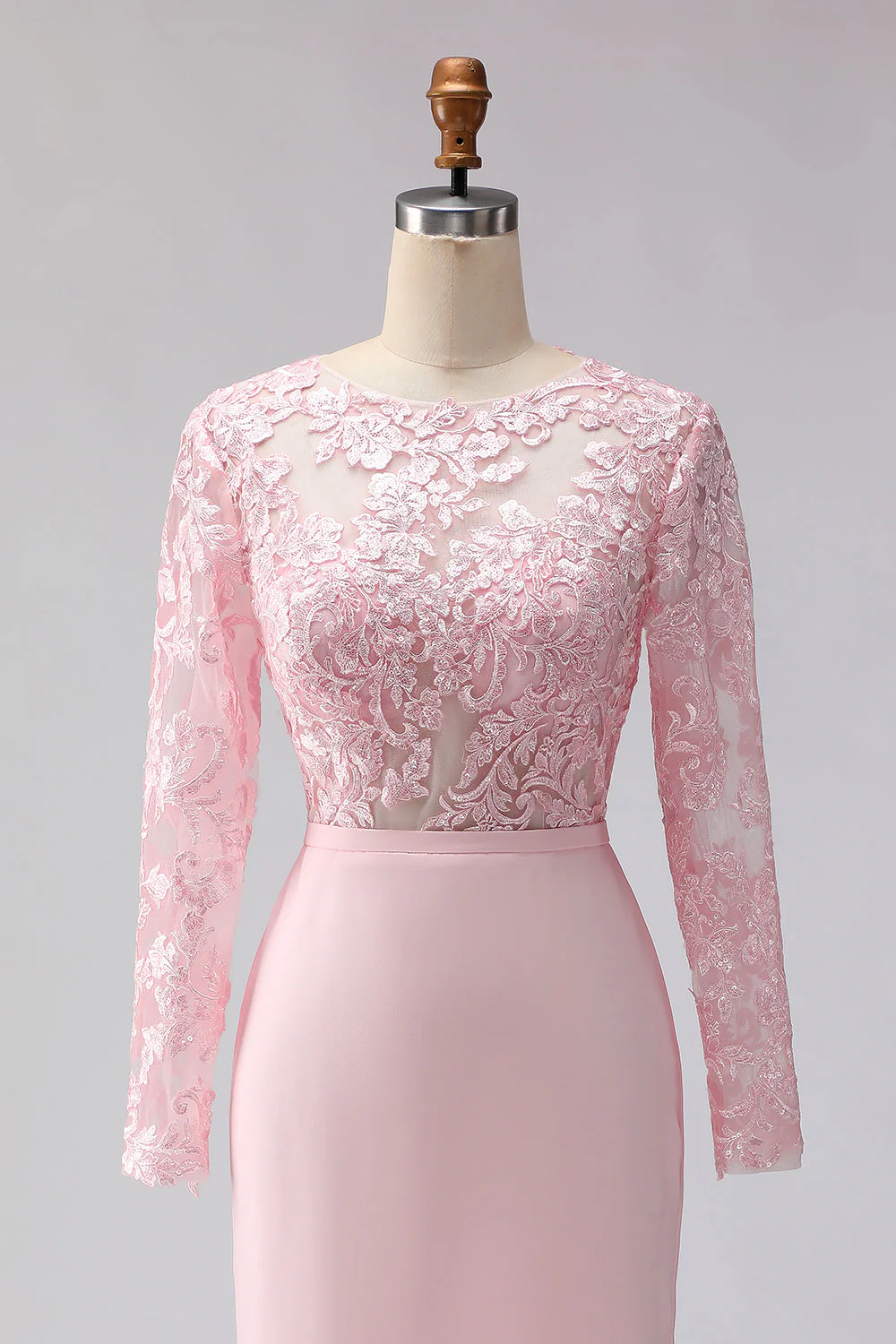Sheath Blush Pink Appliqued Midi Mother of the Bride Dress with Long Sleeves - Image 4
