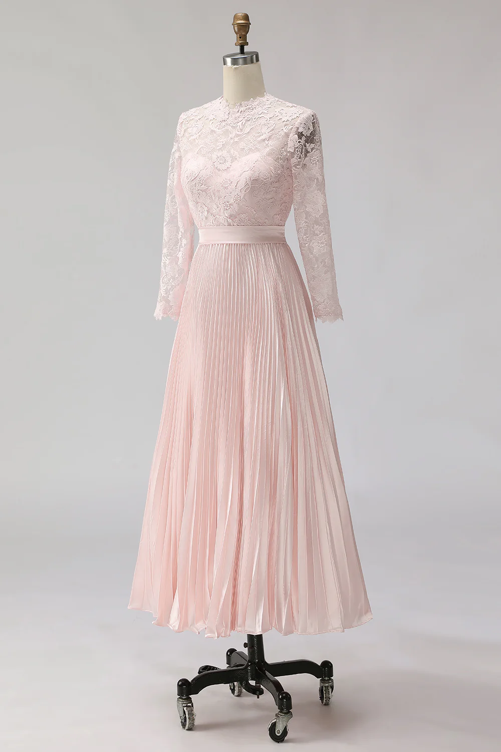 Blush Pink Pleated A Line Chiffon Midi Mother of the Bride Dress with Lace - Image 3