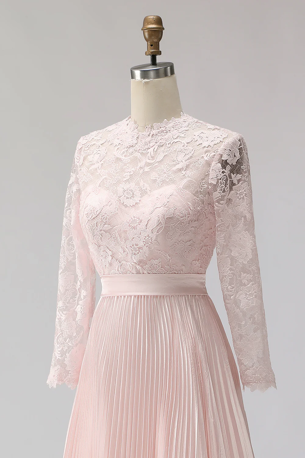 Blush Pink Pleated A Line Chiffon Midi Mother of the Bride Dress with Lace - Image 6
