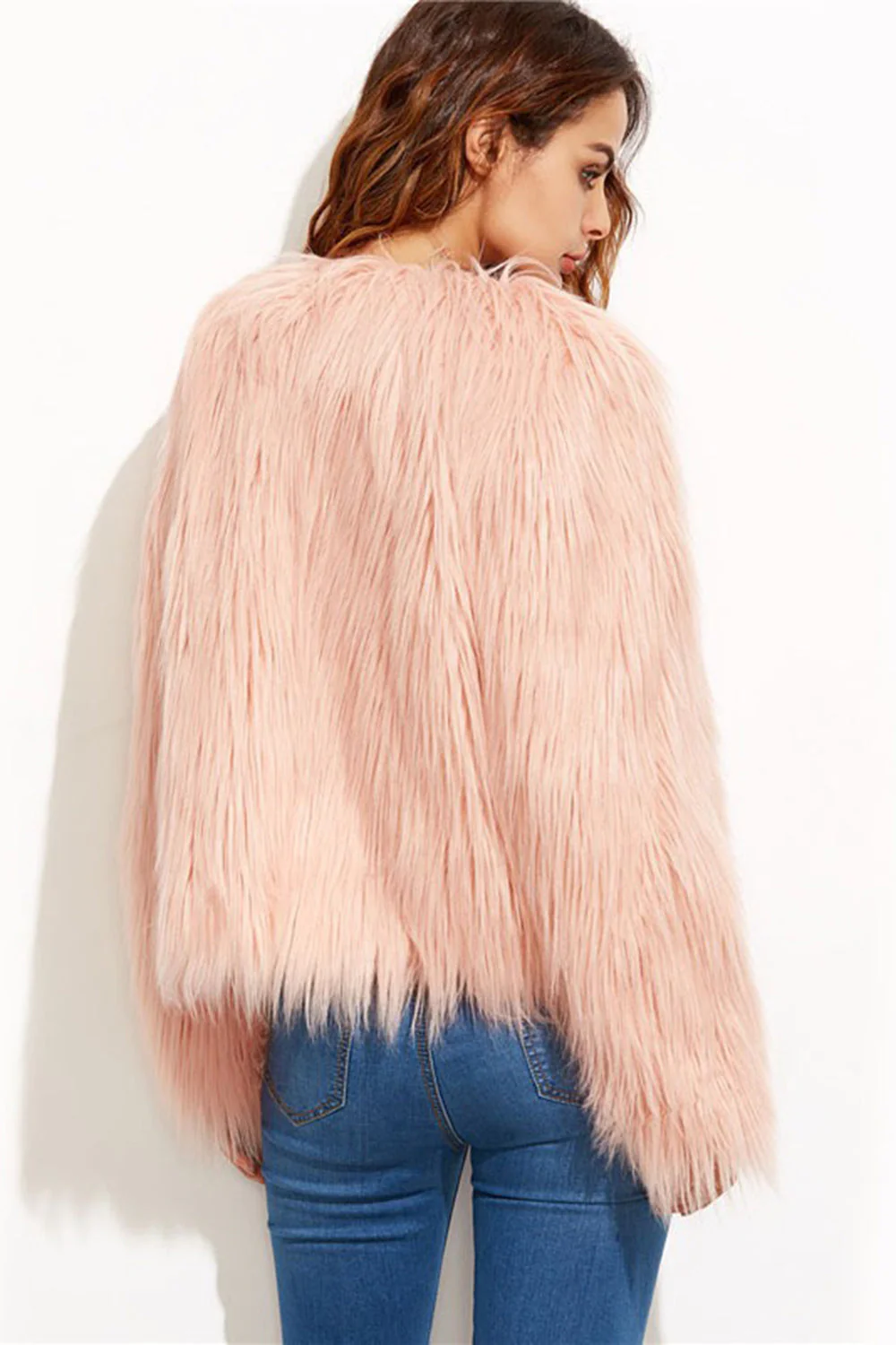 Blush Pink Faux Fur Long Sleeve Open Front Women Winter Coat - Image 2