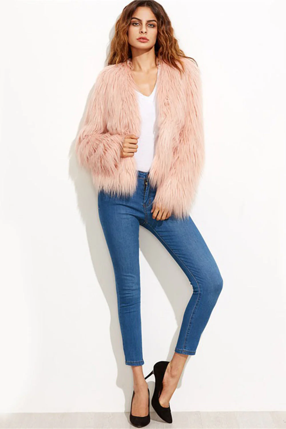 Blush Pink Faux Fur Long Sleeve Open Front Women Winter Coat - Image 4
