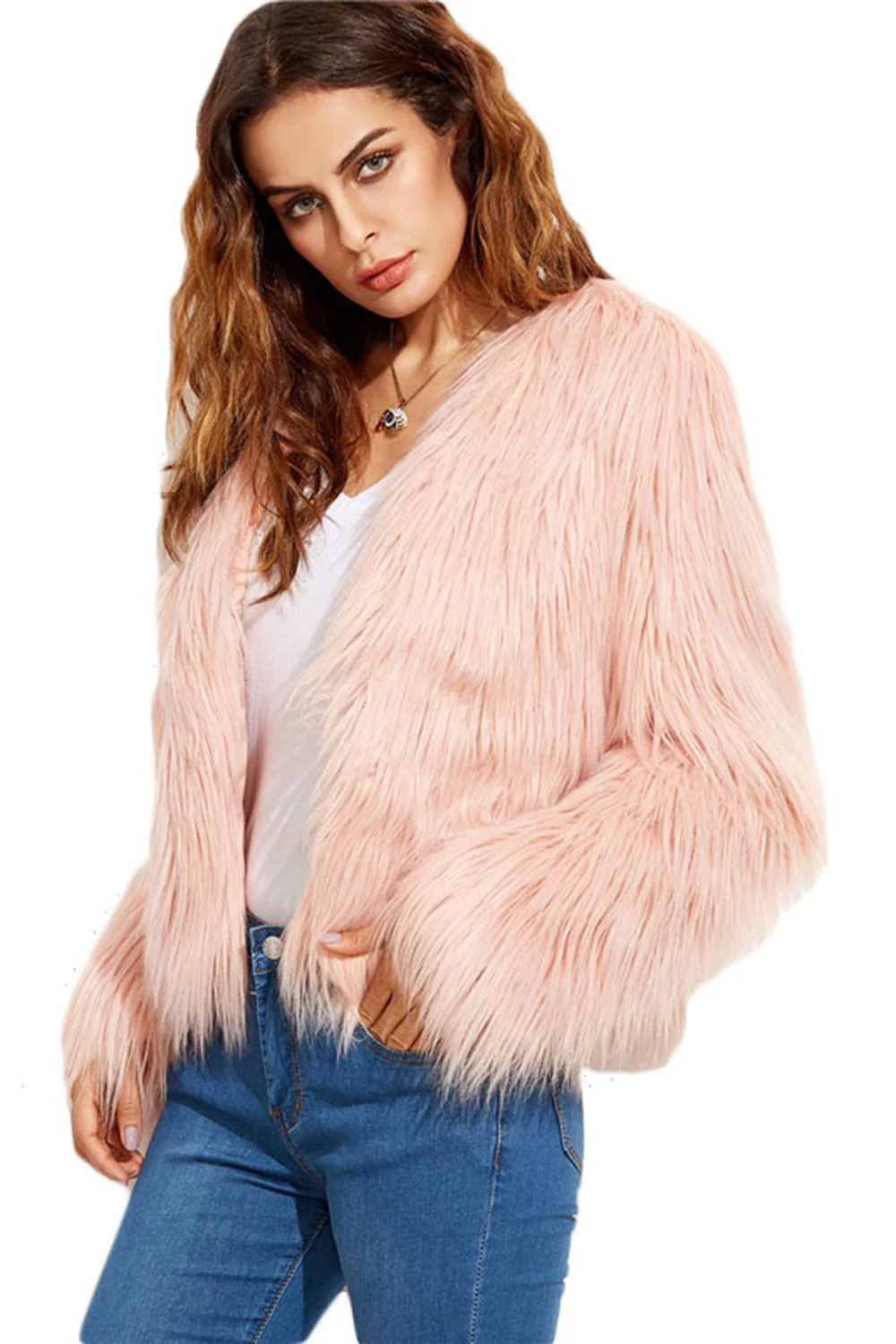 Blush Pink Faux Fur Long Sleeve Open Front Women Winter Coat - Image 5