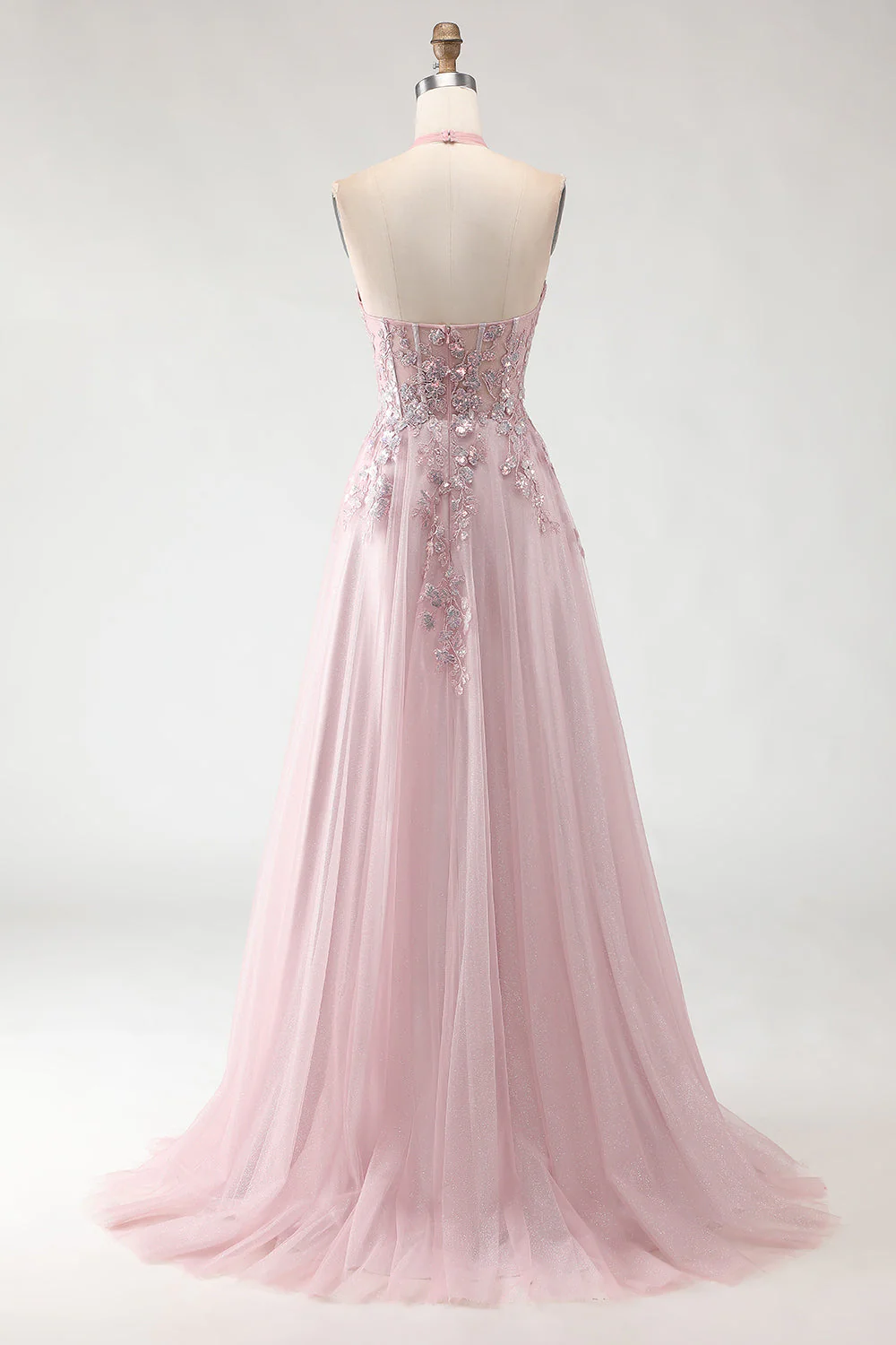 Blush Pink Halter Corset Appliqued A Line Long Prom Dress with Slit - Image 2