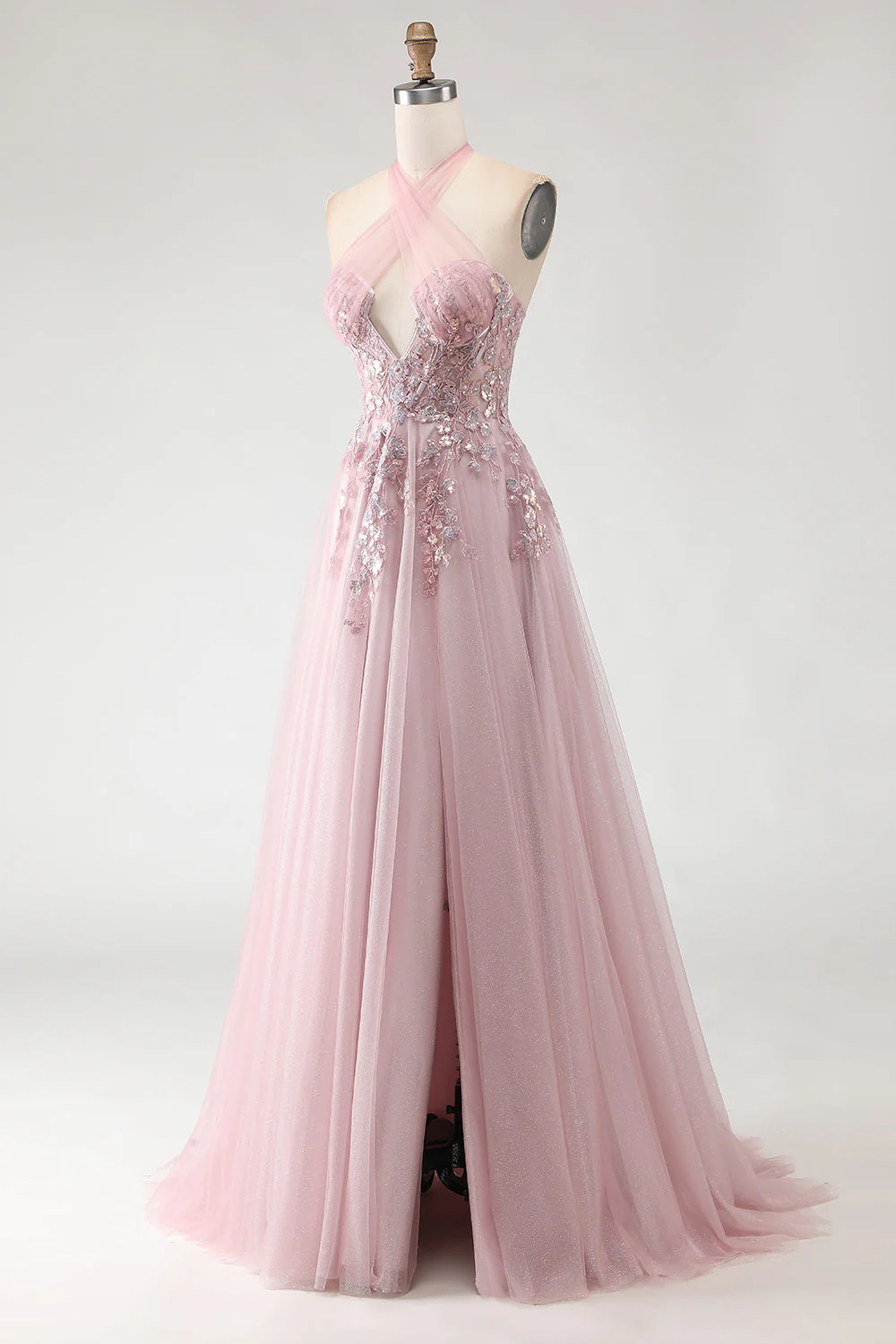 Blush Pink Halter Corset Appliqued A Line Long Prom Dress with Slit - Image 3