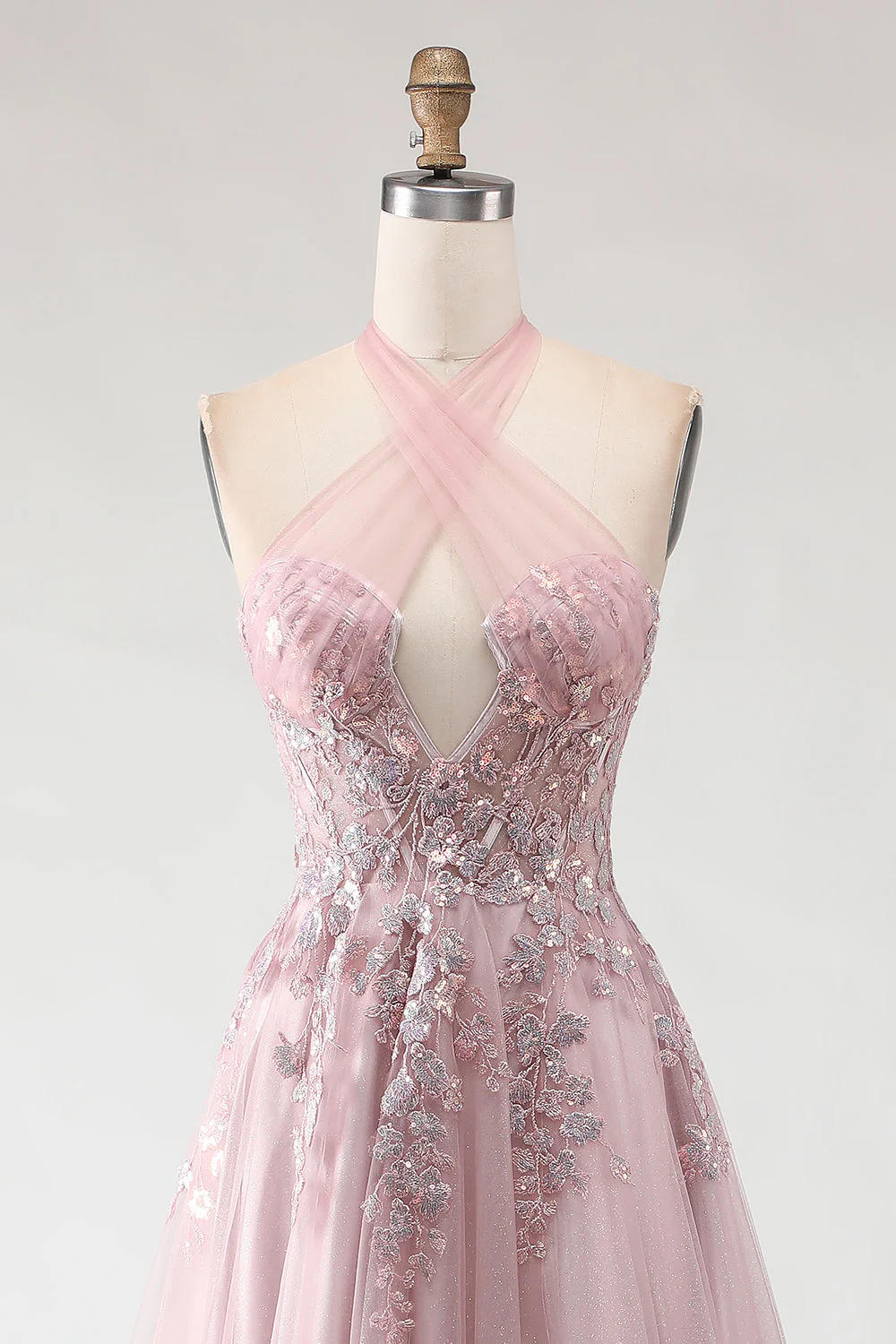 Blush Pink Halter Corset Appliqued A Line Long Prom Dress with Slit - Image 4