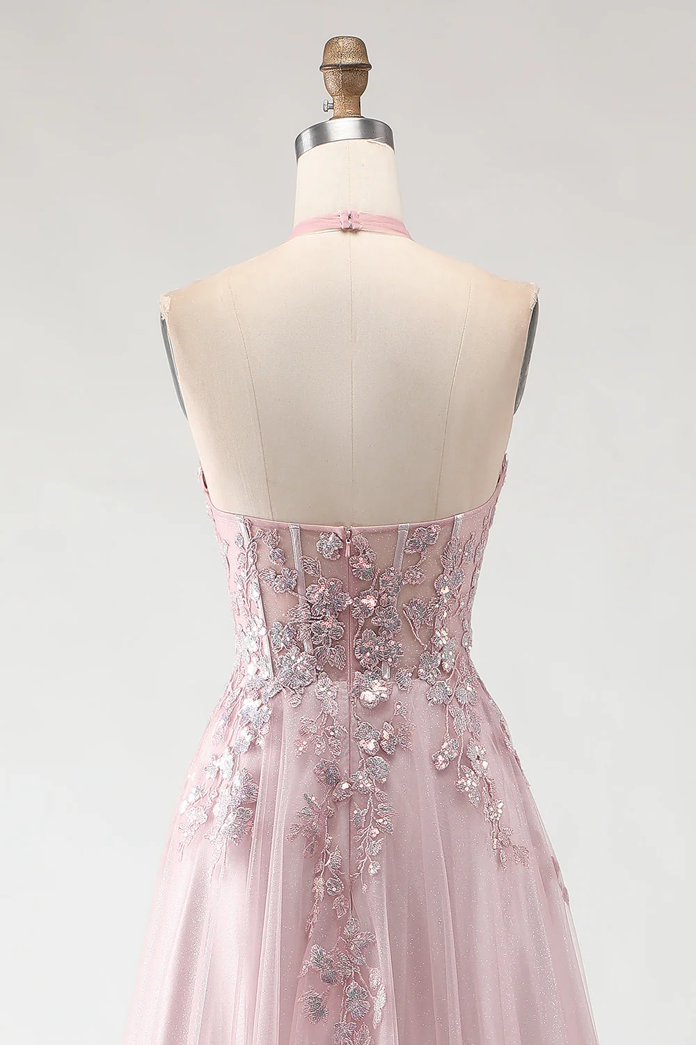 Blush Pink Halter Corset Appliqued A Line Long Prom Dress with Slit - Image 5