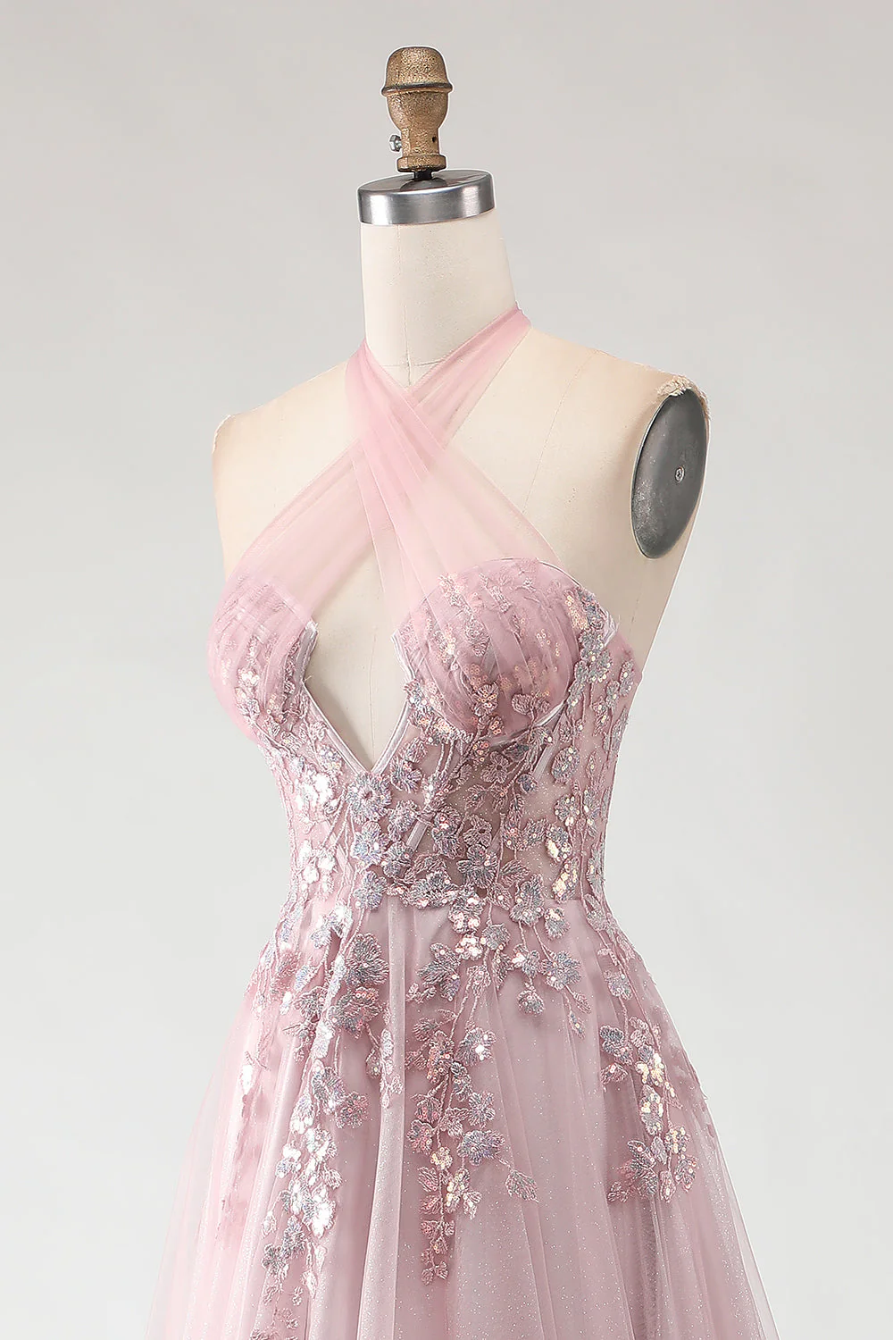 Blush Pink Halter Corset Appliqued A Line Long Prom Dress with Slit - Image 6