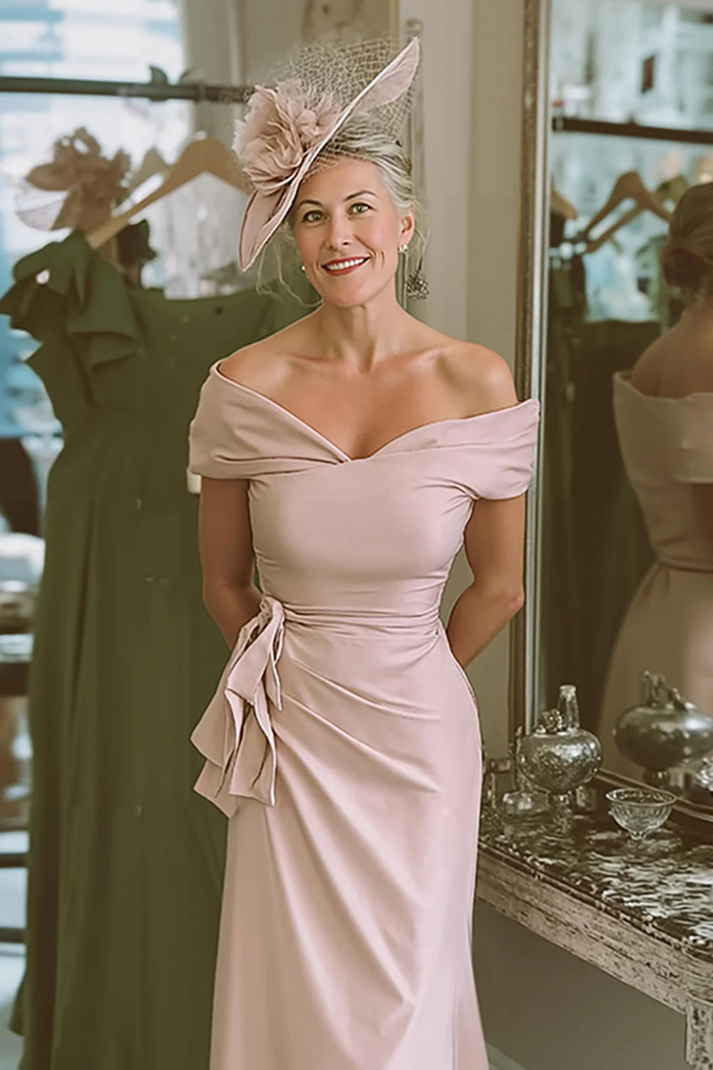 Blush Pink Off The Shoulder Sheath Satin Mother Of The Bride Dress - Image 3