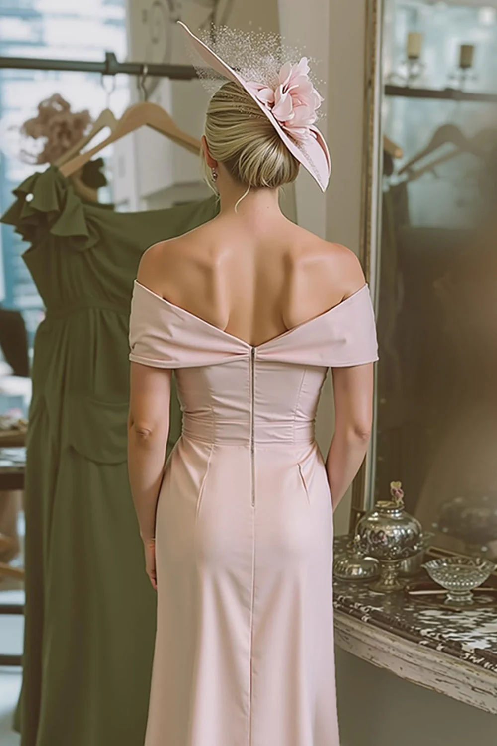 Blush Pink Off The Shoulder Sheath Satin Mother Of The Bride Dress - Image 4