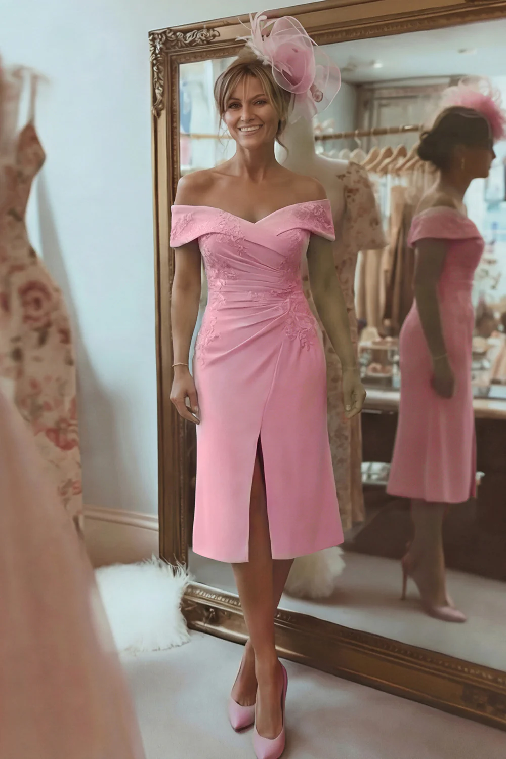 Blush Pink Sheath Off The Shoulder Mother Of The Bride Dress with Slit - Image 10